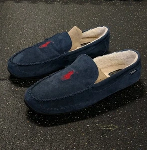 Polo Ralph Lauren Chaise Mens Suede Moccasin Faux Fur Slippers Size L 11-12 Blue - Picture 1 of 9