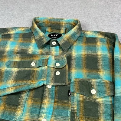Camisa de franela Huf para hombre mediana pesada verde tartán a cuadros pesca senderismo al aire libre Foto 1 de 4