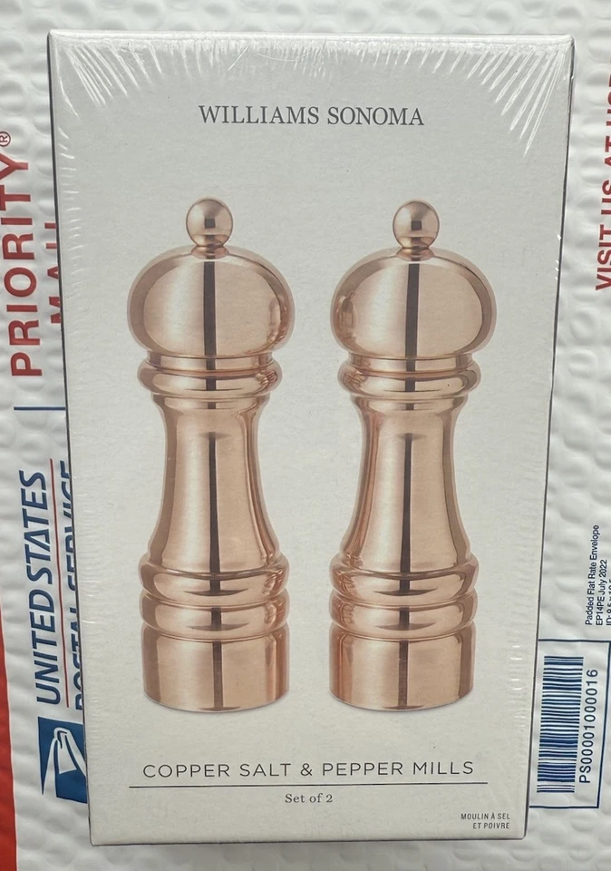 Williams Sonoma Polished Copper Salt & Pepper Mills Set, 7" MSRP $250 - Image 1 of 1