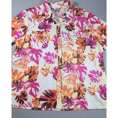 Женская рубашка из льняной смеси с коротким рукавом 2X абстрактное художественное искусство дофаминовые карманы вкладка - Изображение 1 из 4