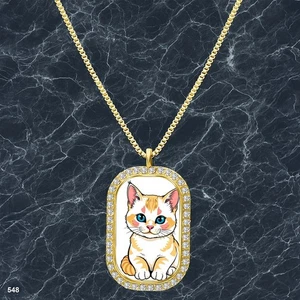 Colorful Cat Pendant Necklace Image Exquisite Gold Tone Souvenir Piece - Picture 1 of 4