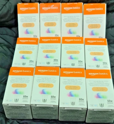 AMAZONBASICS 12 Pack" Amazon Basics 7.5W2.4 GHz WiFi Color Changing Smart A19 LED Light Bulb