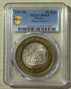 México 1993-Mo 50 Nuevos Pesos Ninos Héroes 39mm Plata Bimetálico PCGS MS65 Km571 - Imagen 1 de 2