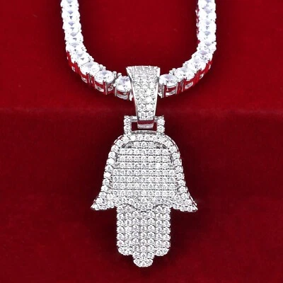 3AAA+ Ice Out Hop Hip Full Bling Fatima Hand Pendant Chain 24k Real Gold Plated - Image 1 of 4