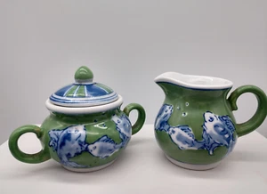 April Cornell Sugar Bowl Lid Creamer Set Fish Nautical Blue Green Vintage - Picture 1 of 10