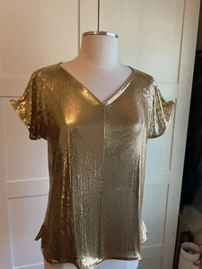 Vintage Whiting and Davis gold metal mesh top short sleeve pull over style - Picture 1 of 7