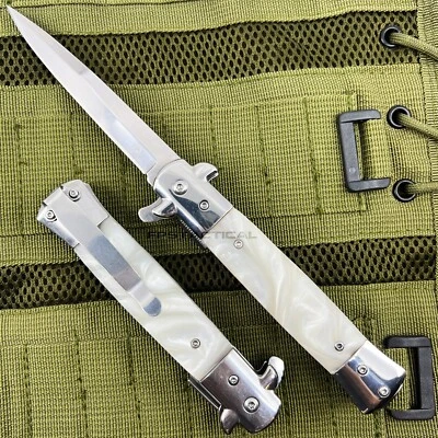 Falcon Mirror / Chrome with White Pearl Spring Assisted Stiletto Knife 3.75"