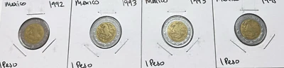 Moneda Mundial 1992 1993 1995 México 1 Peso Bimetálico KM550 Circulado (4 Monedas) Foto 1 de 4