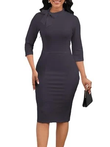 Women's Retro 1950s 3/4 Sleeve Tie Neck Bodycon Midi Dress Elegant Church Dre... - Picture 1 of 6