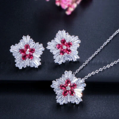 Chic AAA+ Cubic Zircon Flower Crystal Pendant Necklace and Earrings Jewelry Sets - Image 1 of 4