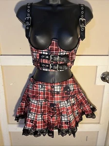 CURRENT MOOD Minirock rot Totenkopf Karomuster mit Bustier Lederakzenten XS - Bild 1 von 9