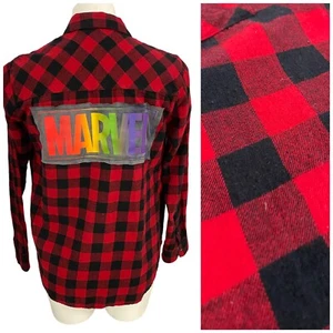 Upcycled Flannel Shirt Womens XS Shacket Marvel Comic Country Comic Red Check - Picture 1 of 15