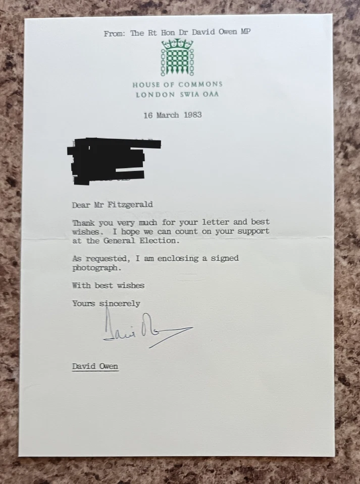 Lord David Owen Ex Labour MP Minister Hand Signed Letter AFTAL COA - Image 1 of 1