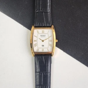 vintage Seiko Slim Tank Quartz Men White Dial Black Strap Dress Watch UK33 - Picture 1 of 6