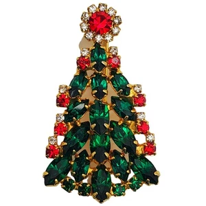 Broche de árbol de Navidad vintage verde rojo vidrio estrás prendedor vacaciones invierno - Imagen 1 de 8