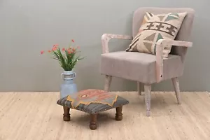 Handcrafted Acacia Wooden Footstool | Low Kilim Upholstered Footstool Ottoman | - Picture 1 of 5