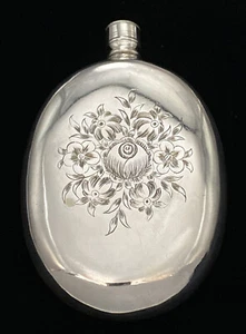 Antique Victorian Silver Plated Oval Scroll Flower Engraved Hip Flask - Picture 1 of 7