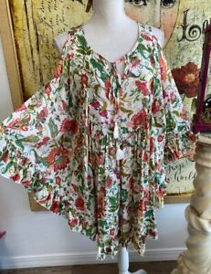 DG2 Diane Gilman Floral Printed Ruffle Poncho Tunic Top M/L New Pool Cover-up