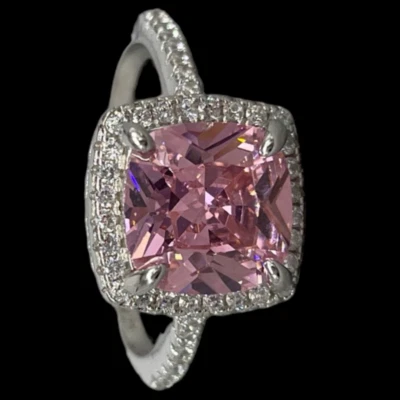 Anello donna argento 925 pietra rosa con zirconi trasparenti fine elegante M. 20 - Immagine 1 di 4