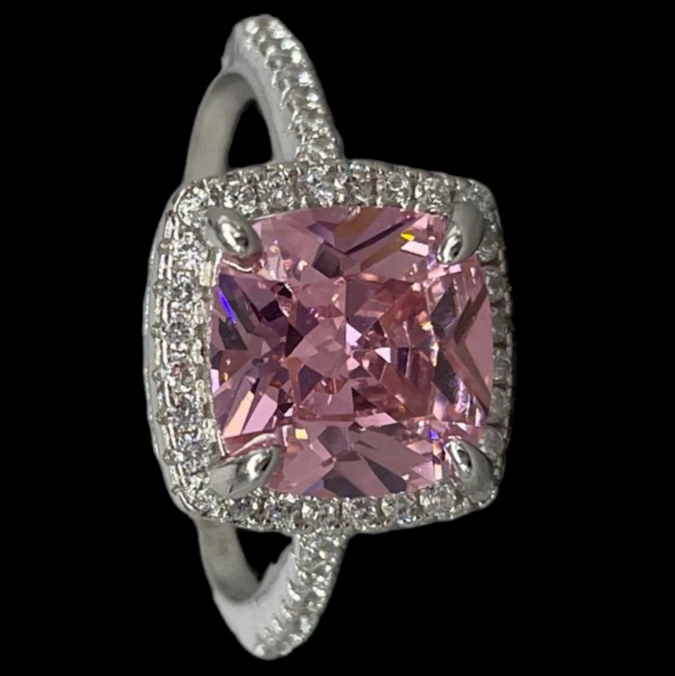 Anello donna argento 925 pietra rosa con zirconi trasparenti fine elegante M. 20 - Immagine 1 di 4