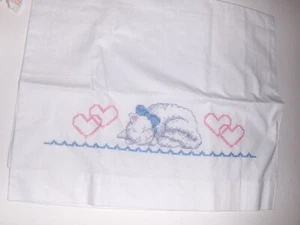 NEW completed cross stitch pair of matching pillowcases-sleeping cats and hearts - Picture 1 of 3