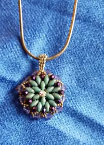 Handmade Beaded Round Star Necklace on 925 Silver Chain Greens/Purple Stones - Picture 1 of 6