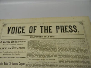 Antike 1872 Juli " Voice Of The Press " Zeitung Milwaukee - Bild 1 von 8