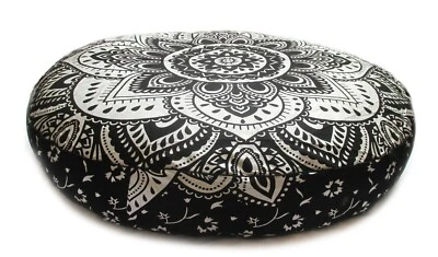 Black silver flower Pouf Round Bohemian Meditation Mandala Ottoman Cover Cushion - Image 1 of 4