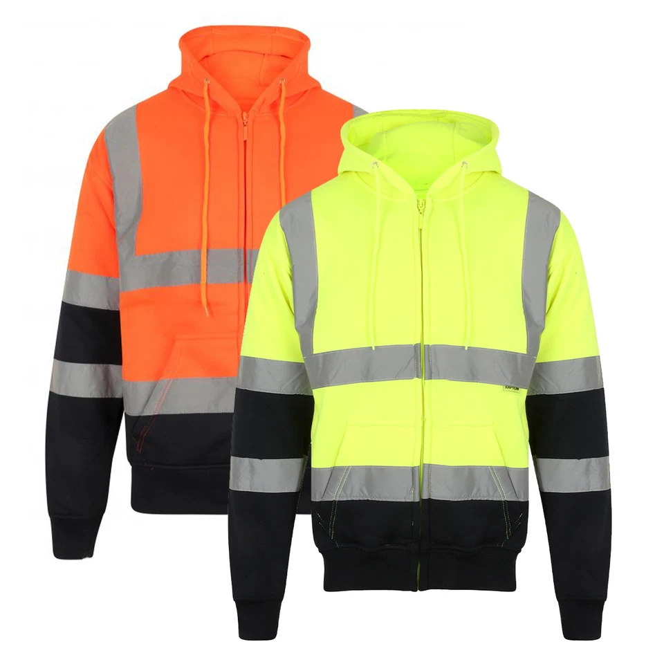 Hi Viz Vis Hoodie High Visibility 2 Tone Zip Up Hooded Work Wear Sweatshirt - Image 1 of 1