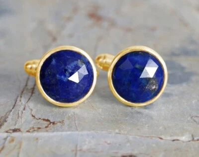 Gemelos redondos de latón con piedras preciosas boho lapislázuli para hombre joyería regalo para amor Foto 1 de 4