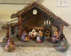Vtg Nativity Set Mexican Folk Art Hand Painted Red Clay 6 Piece With Manger