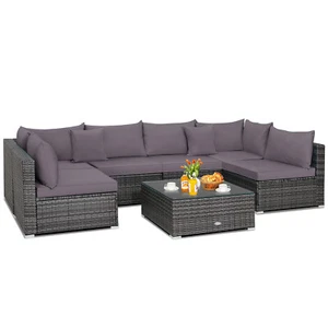 Patiojoy 7PCS Patio Rattan Furniture Set Sectional Sofa Cushioned Garden Grey - Picture 1 of 10