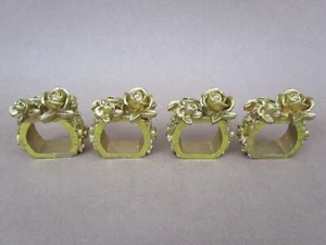 New! Set of 4 Gold Tone Resin Flower Napkin Holder Rings - Picture 1 of 6
