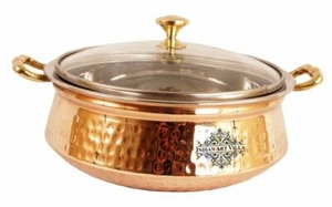 Steel Copper Hammered Design Handi/Bowl with Glass Lid Volume-1300 ml - Picture 1 of 5