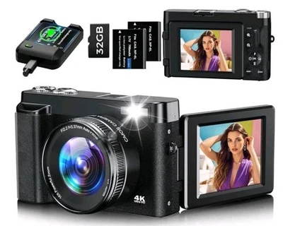 4K 48MP Digital Camera 16X Zoom Flip Screen Vlogging Cam + 32GB Card - Image 1 of 4