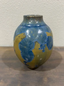 Blue and Tan Crystalline Pottery Vase Signed Unknown - Picture 1 of 8