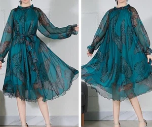 Maya Antonia Chiffon Midi Kleid, blaugrün Schmetterling langärmelig/Boho/Sommer - Bild 1 von 16