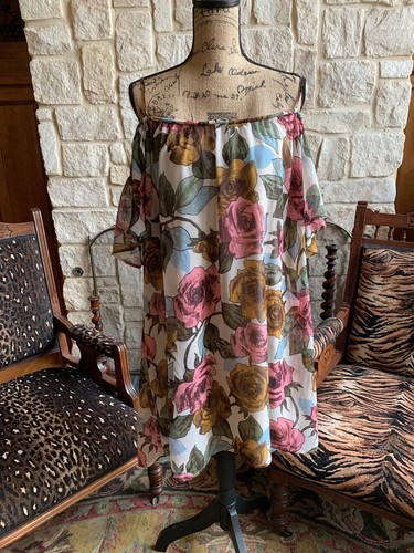 OFF WHITE New Pink Rose Garden Dress Winter Off White Floral Ruffle C Shoulder XL 46”