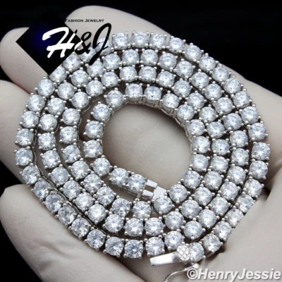 MEN 14K WHITE GOLD/BLACK PLATED ICY BLING CZ 4MM 1 ROW TENNIS CHAIN NECKLACE*BN2 - Image 1 of 2