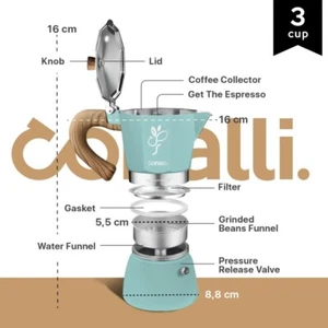 Moka Pot 3 Cup Blue Conalli Aluminum Coffee Maker Espresso Maker 150 ml - Picture 1 of 5