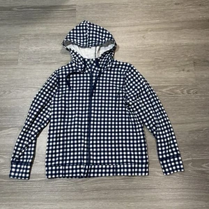 J CREW Hoodie Women S Full Zip Long Sleeve Blue White Gingham Check Jacket - Picture 1 of 15