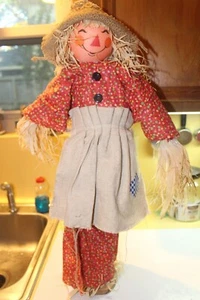Vintage Straw Scarecrow w/Burlap Clothes on Wooden Stand 26" Tall - Picture 1 of 7