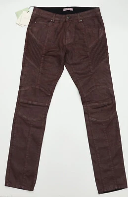 PIERRE BALMAIN Men's Waxed Denim Burgundy Moto Biker Jeans Size 31 - Image 1 of 4
