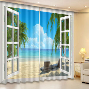 Rustic Wood Door Beach 3D Curtain Blockout Drapes Fabric Photo Printing Window