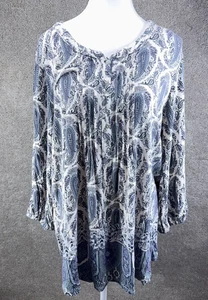 Rose+Olive Womens Pleated Henley Tunic Top 1X Blue Paisley Boho Artsy Hippie - Picture 1 of 10