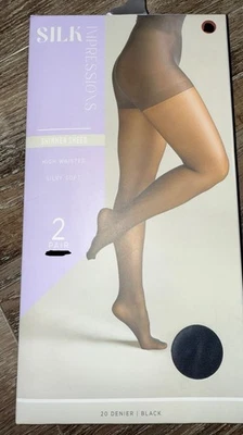 Silk Impressions 2 Pair Womens Pantyhose Black 20 Denier Sheer Shimmer ~ XL - Image 1 of 3
