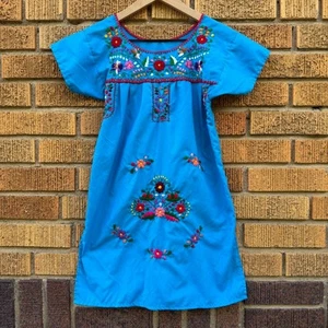 Mexican Embroidered Cotton Dress - Girls Size 6 - Picture 1 of 8