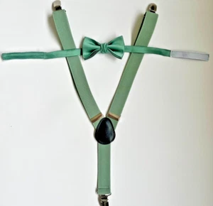 Boy's Sage Green Braces Suspenders and Matching Satin Bow Tie, Child - Picture 1 of 4