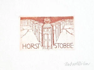c1910 Buchhändler-Exlibris Antiquar signiert Hubert Wilm Signiertes Exlibris - Bild 1 von 1