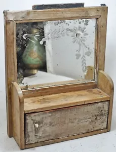 Telaio a specchio da appendere a parete in legno antico con cassetto originale vecchio fatto a mano - Foto 1 di 9